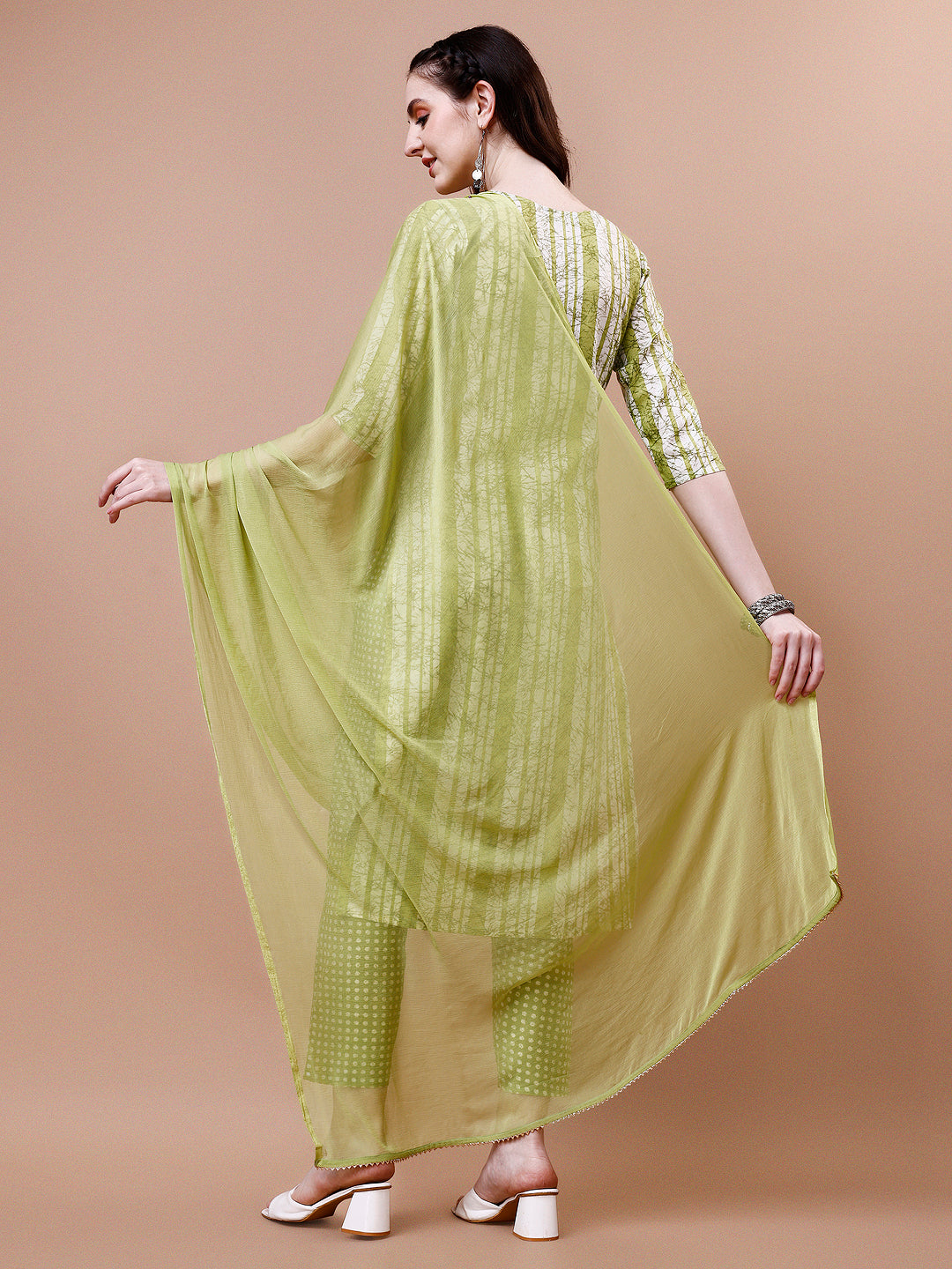 Mirror Embroidered & Striped Printed Cotton Kurta With Pant & Dupatta Set, Multicolor - Hiral Fashion