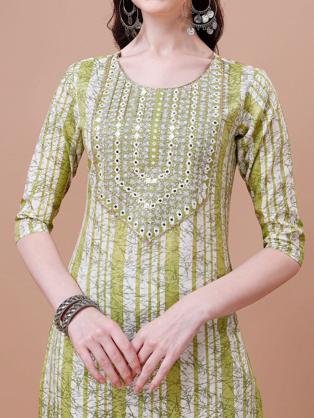 Mirror Embroidered & Striped Printed Cotton Kurta With Pant & Dupatta Set, Multicolor - Hiral Fashion
