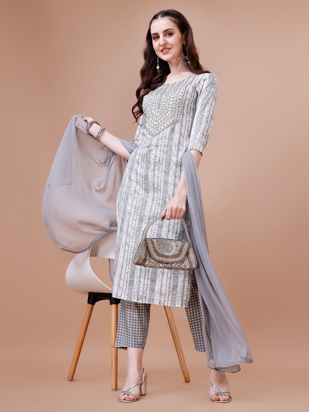 Mirror Embroidered & Striped Printed Cotton Kurta With Pant & Dupatta Set, Multicolor - Hiral Fashion