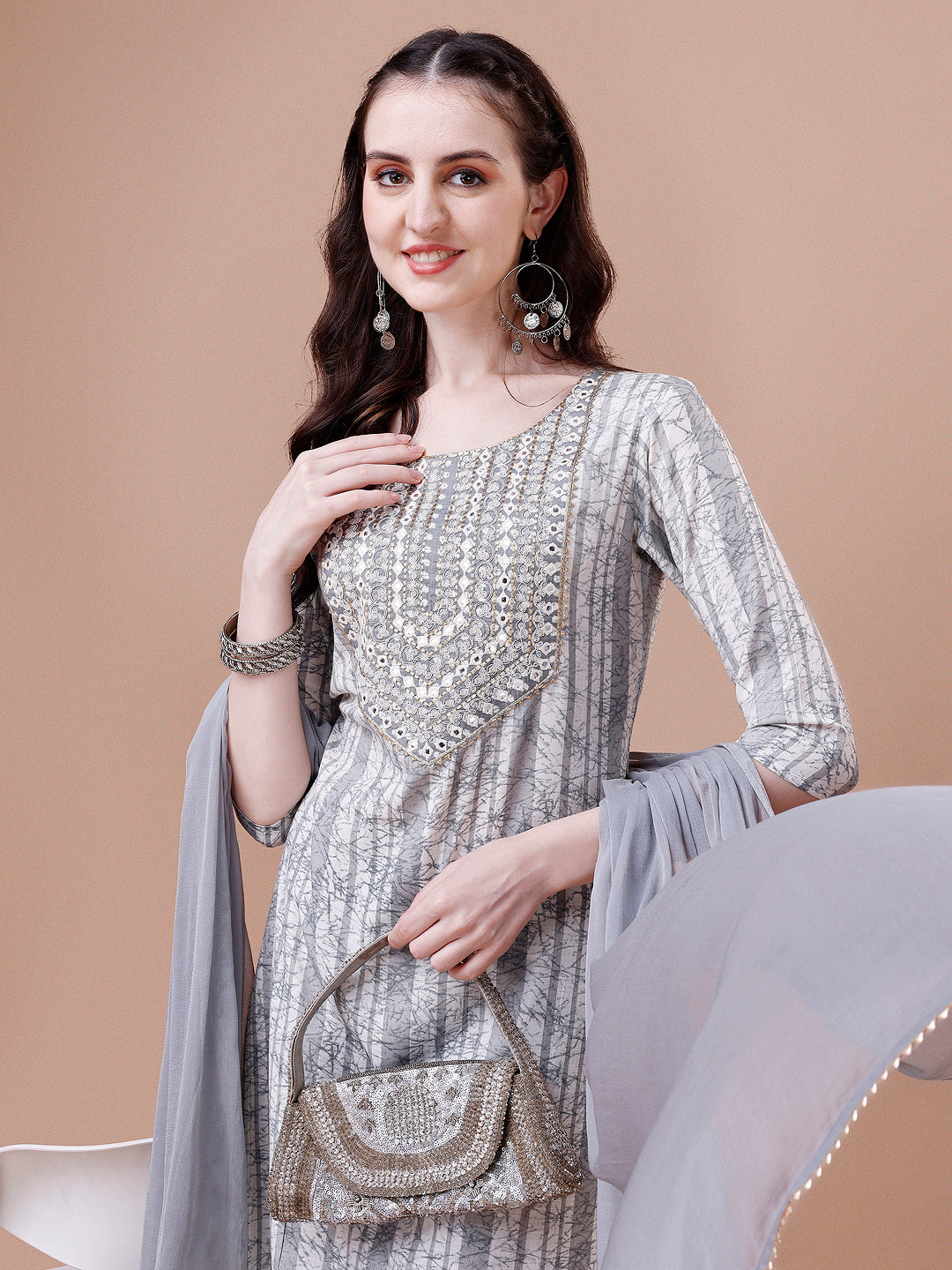Mirror Embroidered & Striped Printed Cotton Kurta With Pant & Dupatta Set, Multicolor - Hiral Fashion