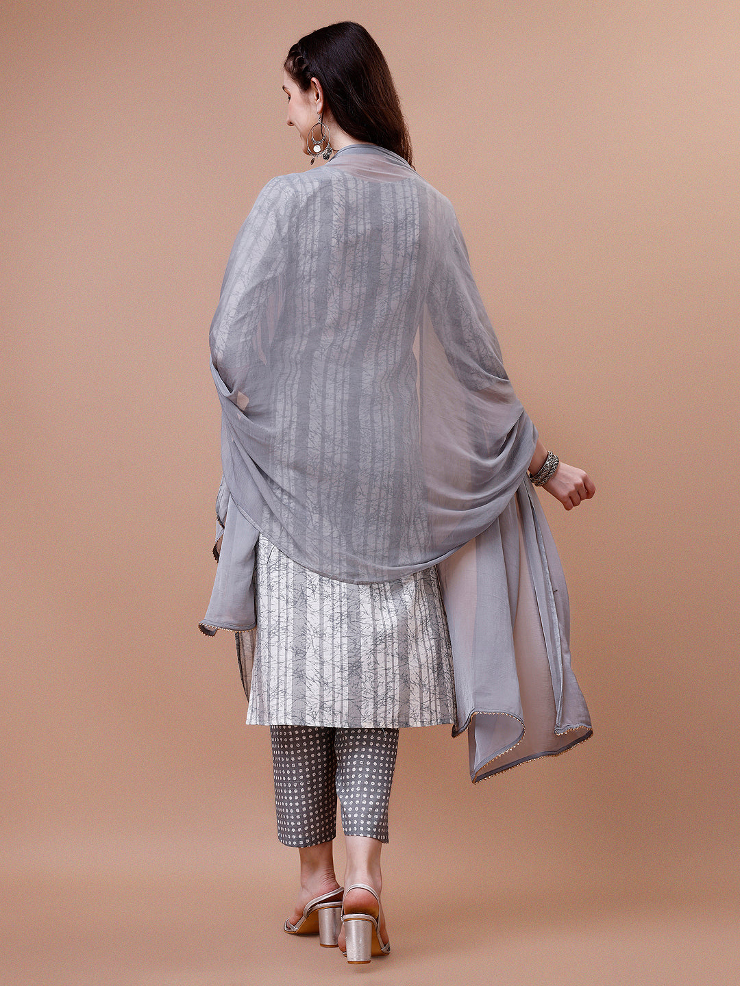 Mirror Embroidered & Striped Printed Cotton Kurta With Pant & Dupatta Set, Multicolor - Hiral Fashion