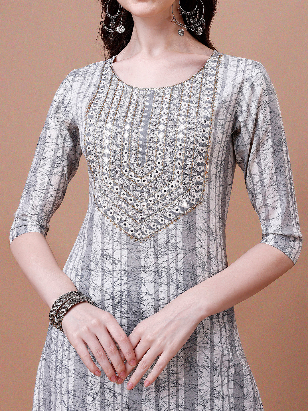 Mirror Embroidered & Striped Printed Cotton Kurta With Pant & Dupatta Set, Multicolor - Hiral Fashion