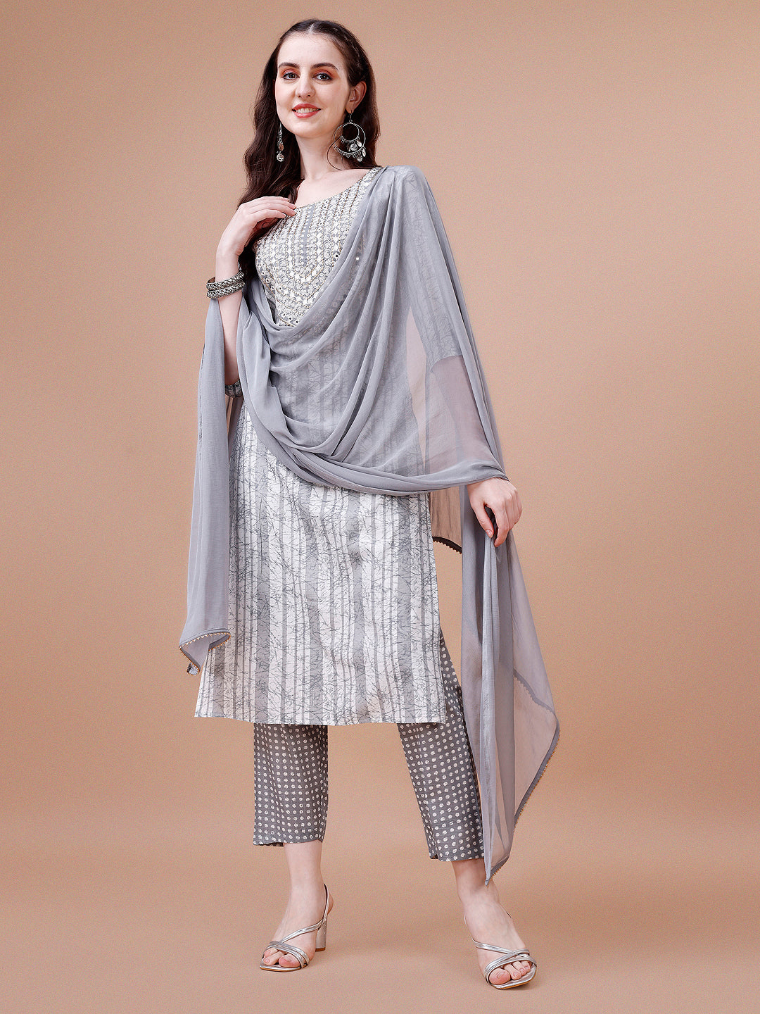 Mirror Embroidered & Striped Printed Cotton Kurta With Pant & Dupatta Set, Multicolor - Hiral Fashion