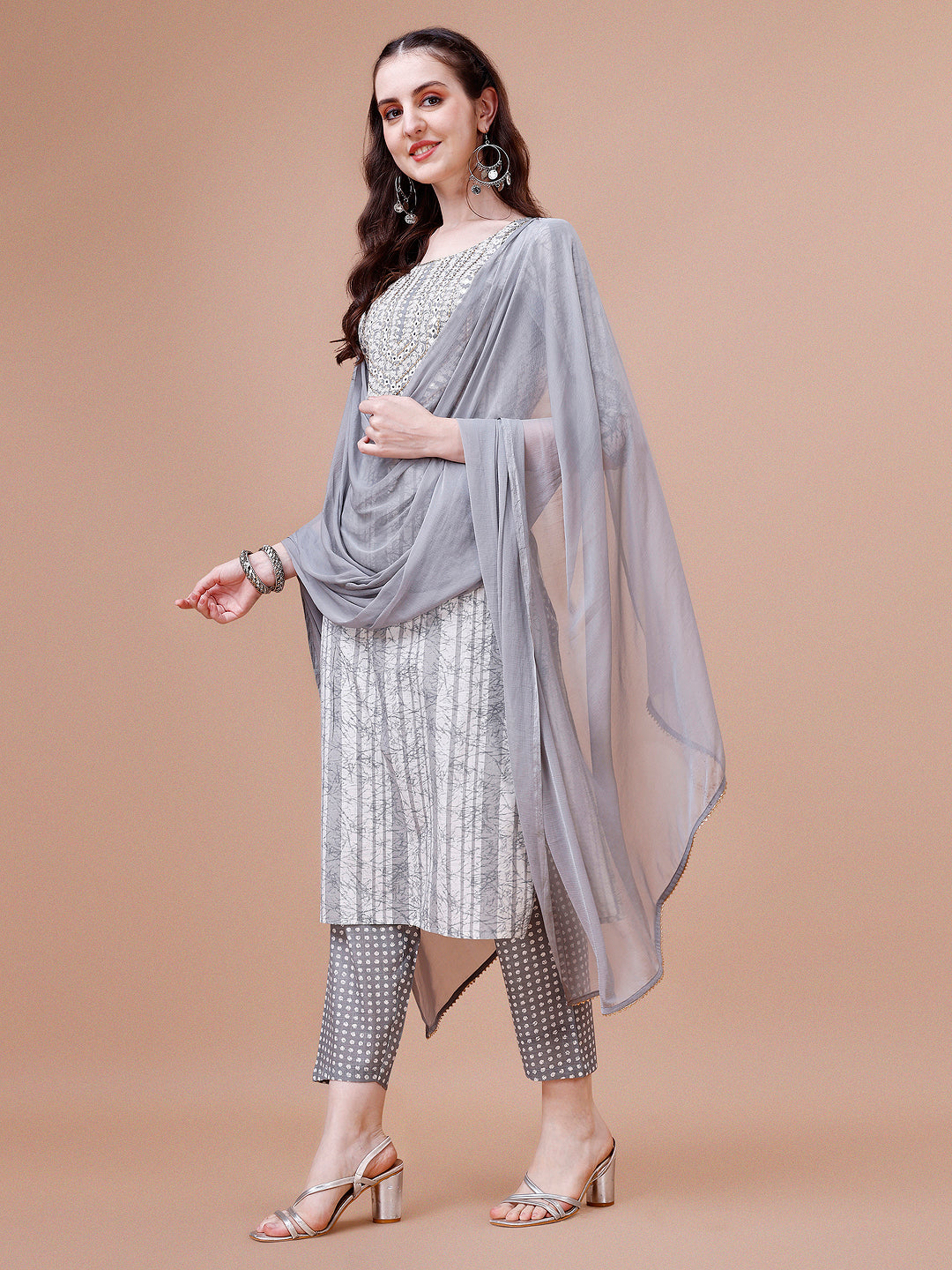 Mirror Embroidered & Striped Printed Cotton Kurta With Pant & Dupatta Set, Multicolor - Hiral Fashion