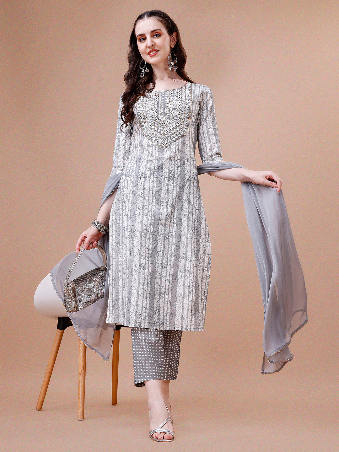 Mirror Embroidered & Striped Printed Cotton Kurta With Pant & Dupatta Set, Multicolor - Hiral Fashion