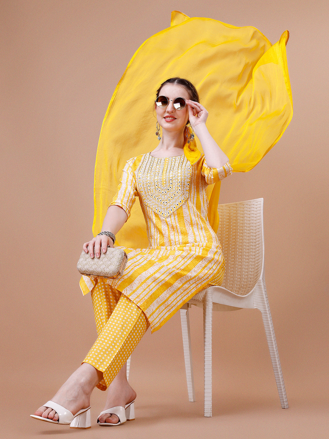 Mirror Embroidered & Striped Printed Cotton Kurta With Pant & Dupatta Set, Multicolor - Hiral Fashion