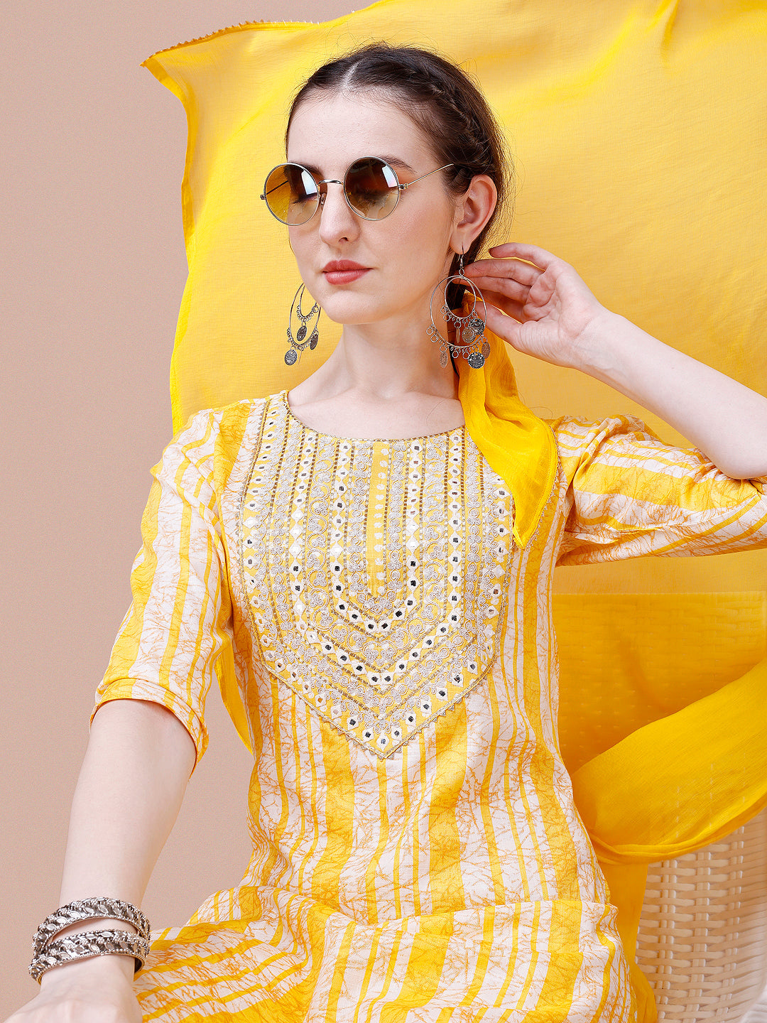 Mirror Embroidered & Striped Printed Cotton Kurta With Pant & Dupatta Set, Multicolor - Hiral Fashion