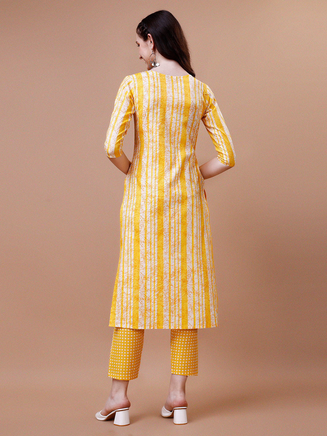 Mirror Embroidered & Striped Printed Cotton Kurta With Pant & Dupatta Set, Multicolor - Hiral Fashion
