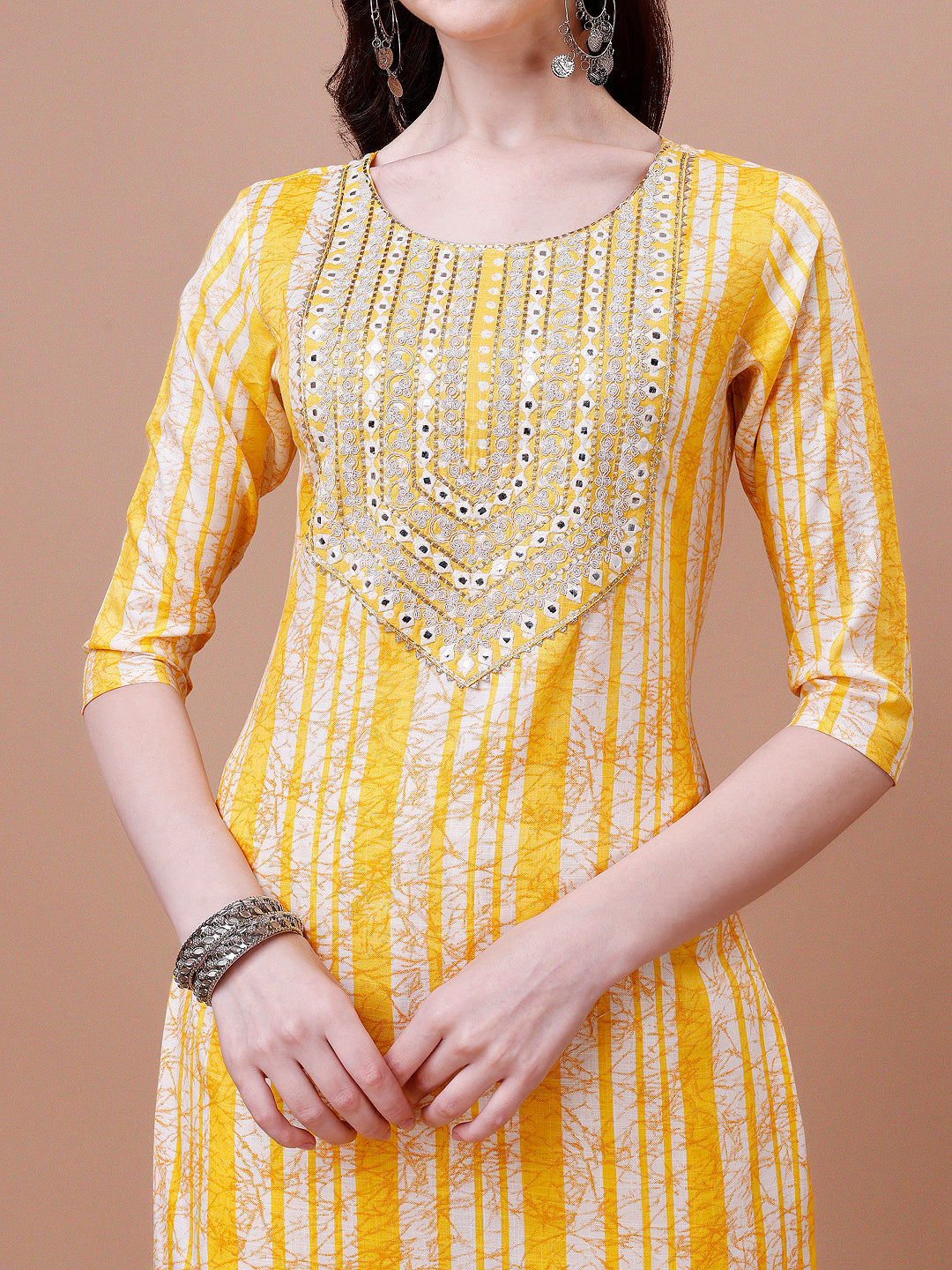 Mirror Embroidered & Striped Printed Cotton Kurta With Pant & Dupatta Set, Multicolor - Hiral Fashion
