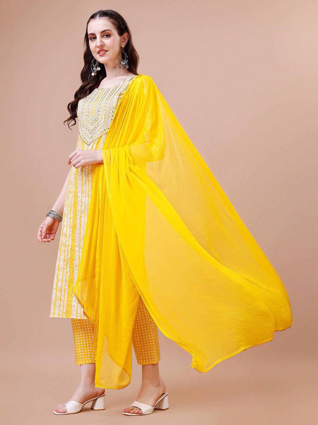 Mirror Embroidered & Striped Printed Cotton Kurta With Pant & Dupatta Set, Multicolor - Hiral Fashion