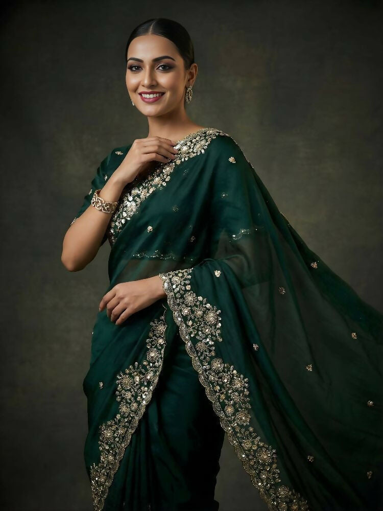 Joban Fashion Green Fandy Satin Silk Party Wear Sarees
