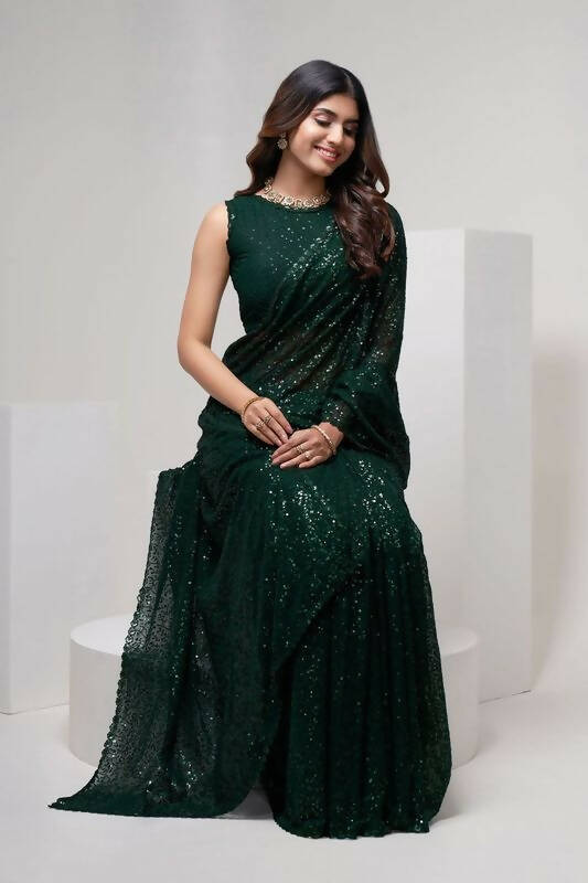 Aastha Fashion Women's Bottle Green Thread & Multi Sequins Embroidery Work Georgette Saree with Blouse - Grab2buy