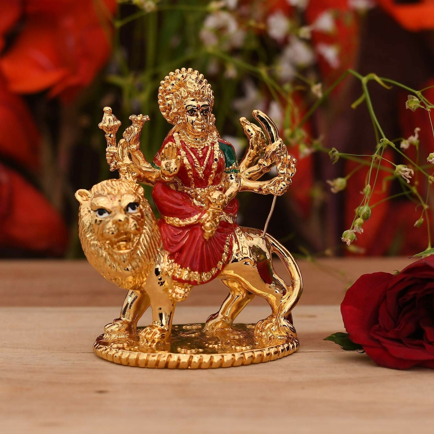 Collectible India Gold-Polished Goddess Maa Durga Sherawali Mata Idol 