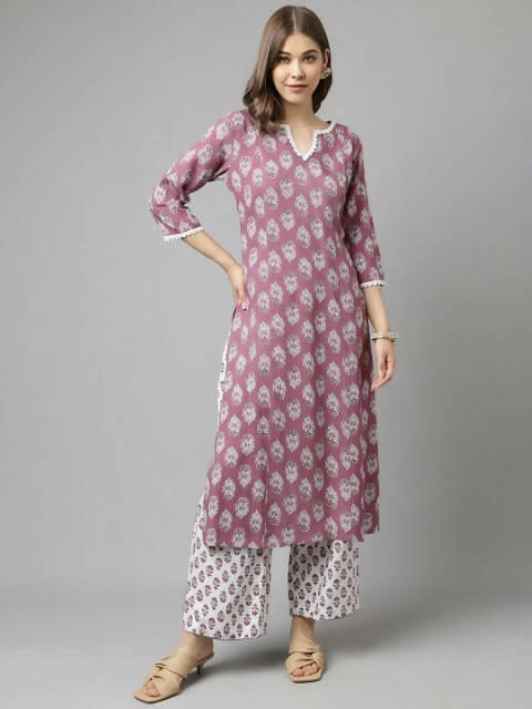 FIORRA Women's Light Purple Cotton A-Line Kurta Palazzo Set 
