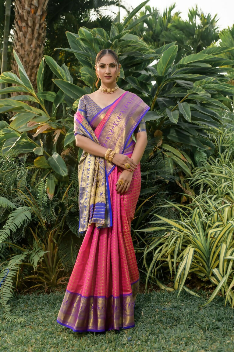 Jyoti Fashion Women's Pink Kanjivaram Silk Zari Woven Saree with Blouse