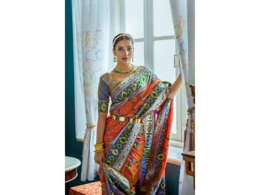 Aastha Fashion Women's Orange Paithani Silk Meenakari Zari Woven Saree with Blouse - Grab2buy