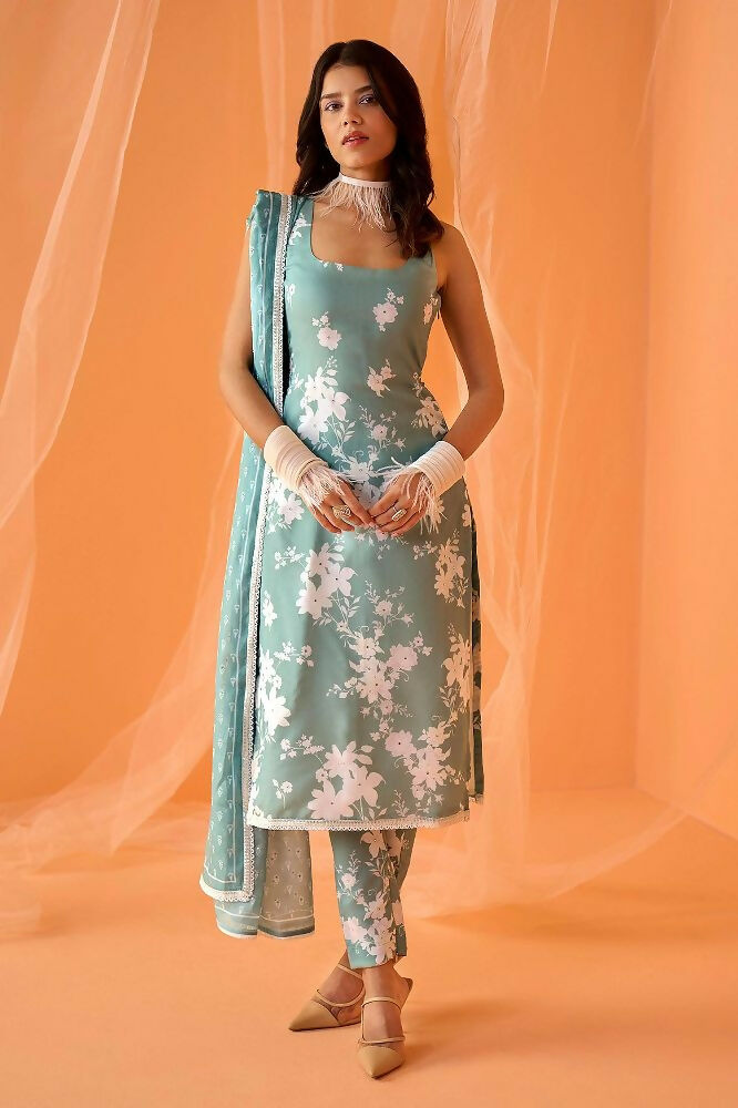 Teeya Creation Sea Green Color Designer Chinnon Silk Digital Print Kurt