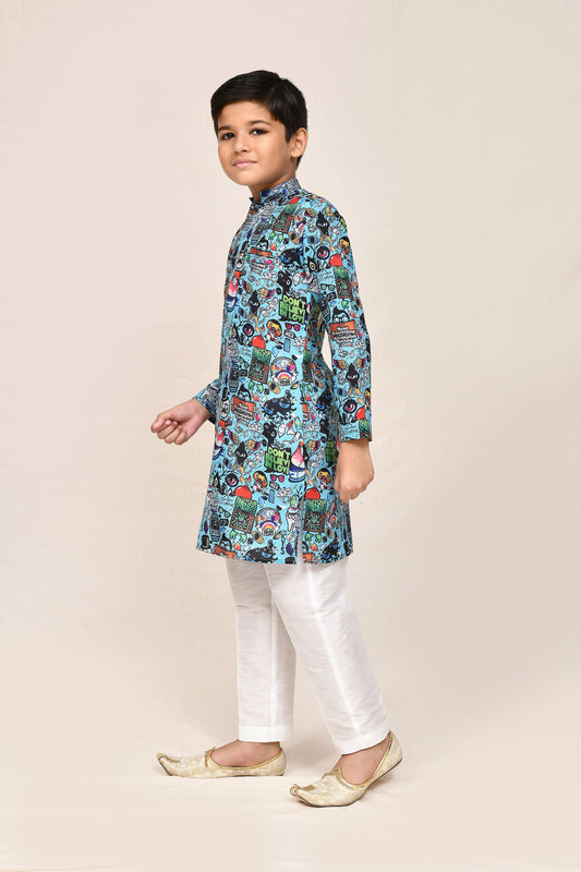 Joban Fashion Cotton Linen Blue Kurta With Straight Fit Pant