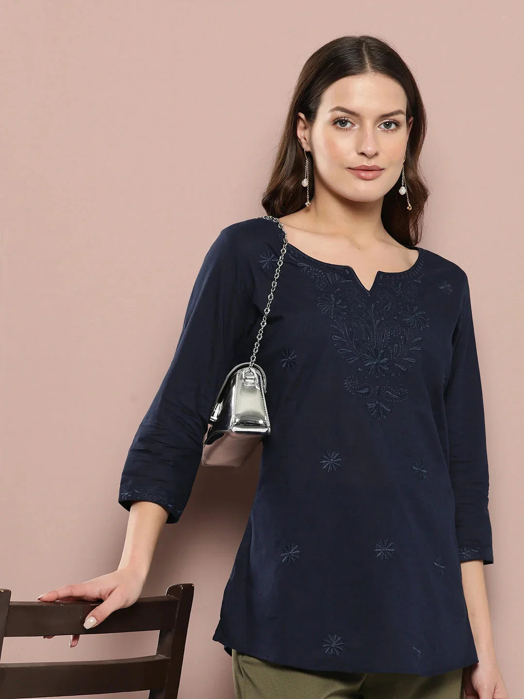 Yufta Navy Blue Floral Chikankari Embroidered Pure Cotton Top  Grab2Buy Yufta Grab2Buy