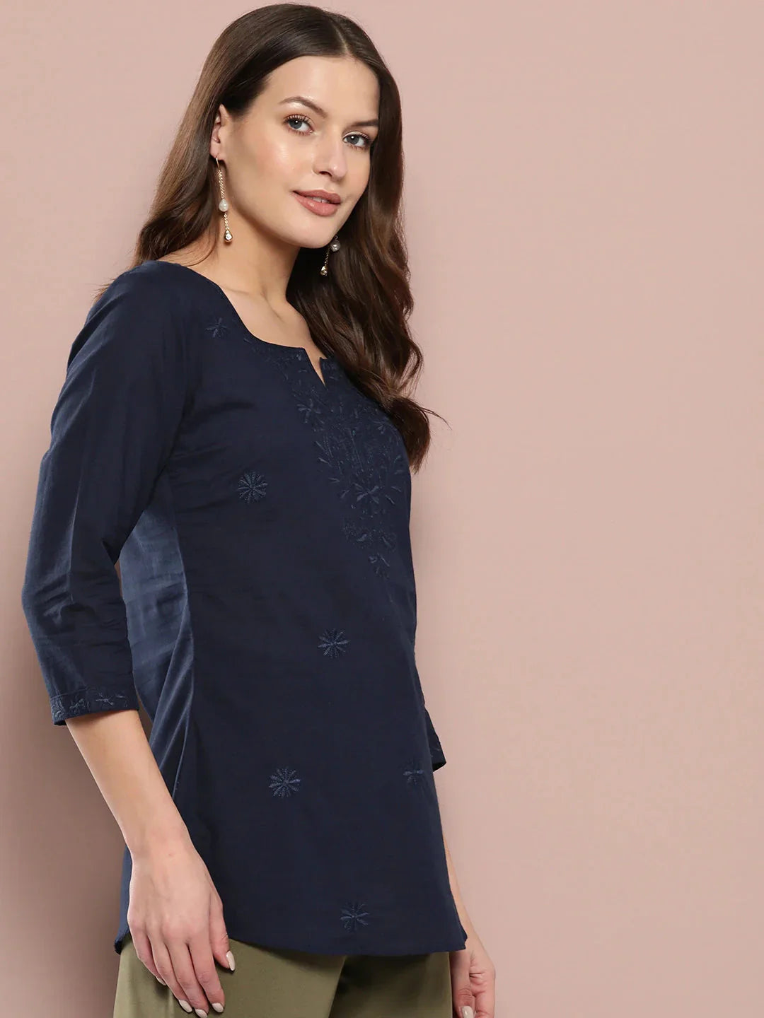 Yufta Navy Blue Floral Chikankari Embroidered Pure Cotton Top  Grab2Buy Yufta Grab2Buy