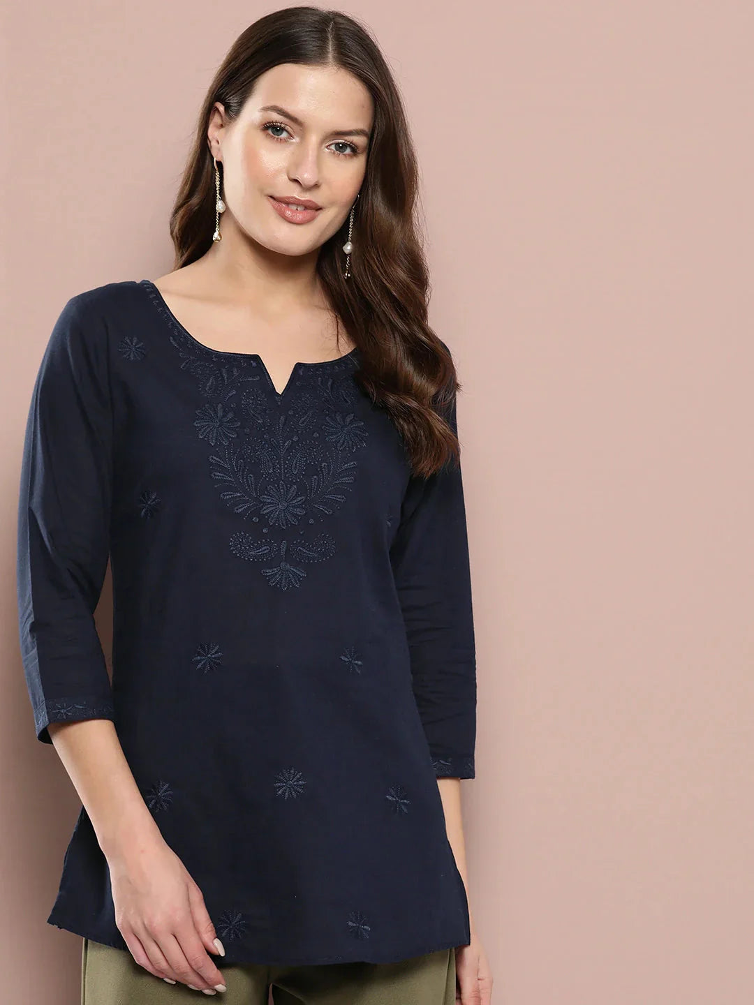 Yufta Navy Blue Floral Chikankari Embroidered Pure Cotton Top  Grab2Buy Yufta Grab2Buy