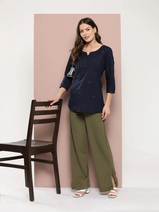 Yufta Navy Blue Floral Chikankari Embroidered Pure Cotton Top  Grab2Buy Yufta Grab2Buy