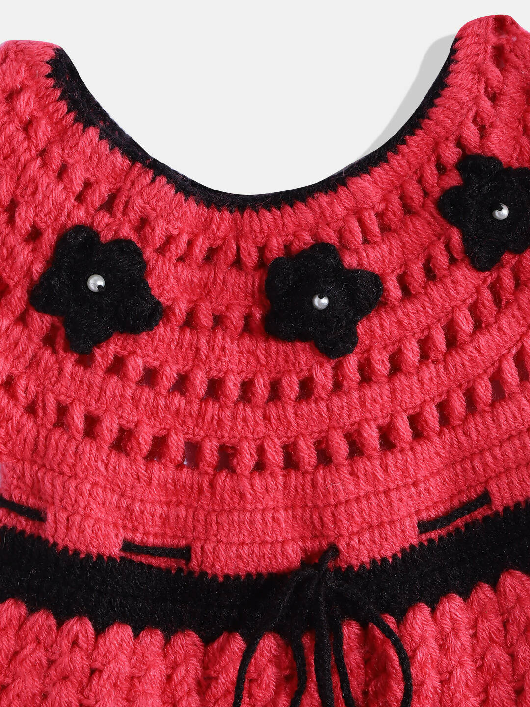 Chutput Kids Woollen Hand Knitted Short Sleeves Flower Detail Dress For Baby Girls - Pink