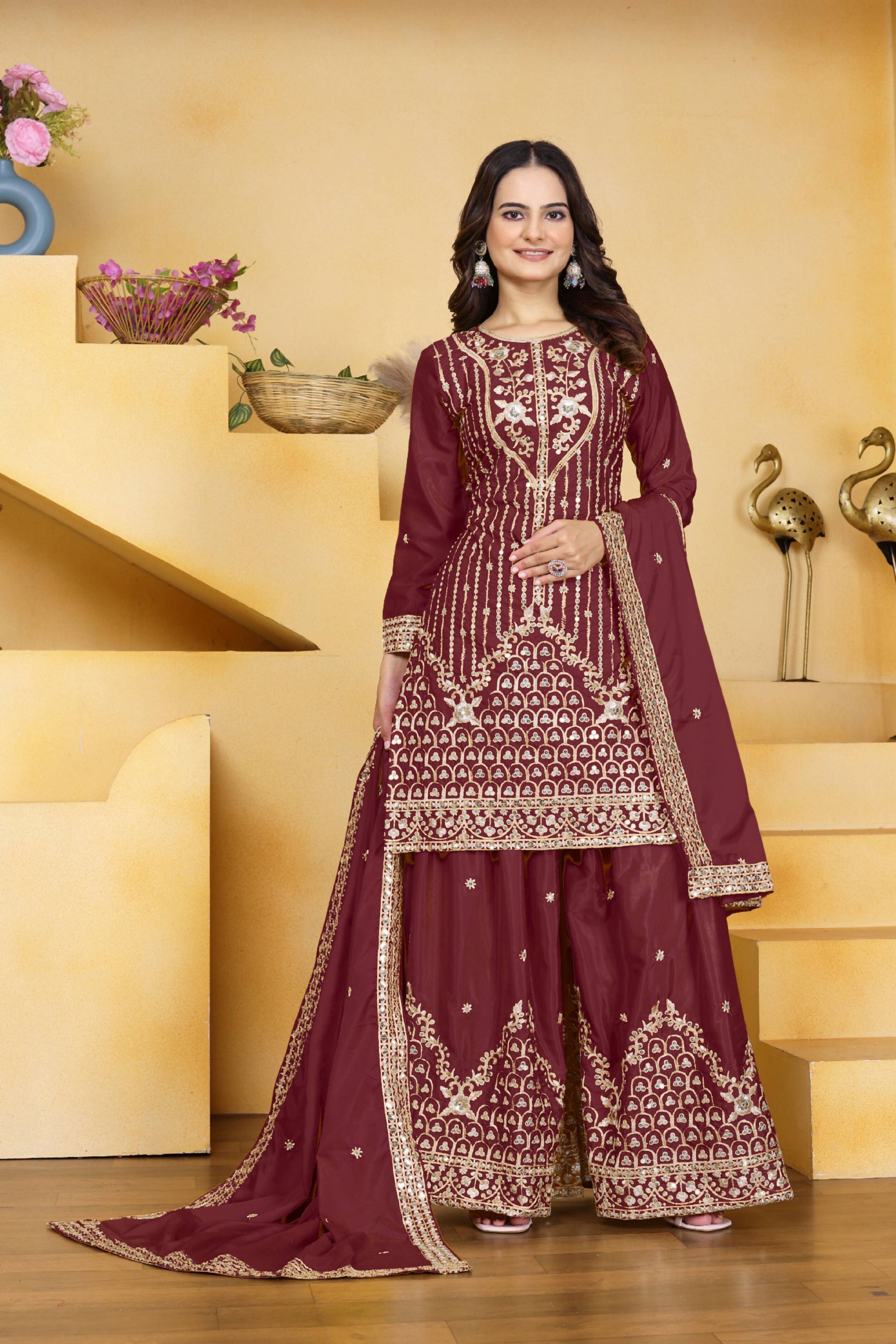 Lehenga Mart Designer Sharara Suit With Kurta, Sharara, Dupatta For Women-Maroon