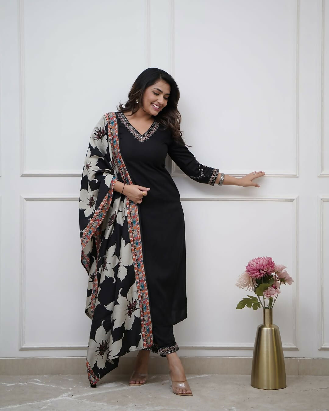The52 Black Women's Beautiful Viscose Silk Fabric Embroidered Work Straight Kurta Pant and Dupatta Set | Grab2Buy