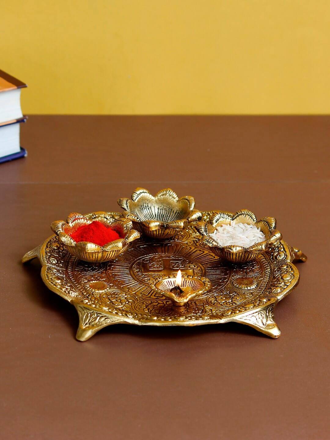Grab2Buy Gold-Toned Swastik Pooja Thali Bowl & Diya Showpiece 