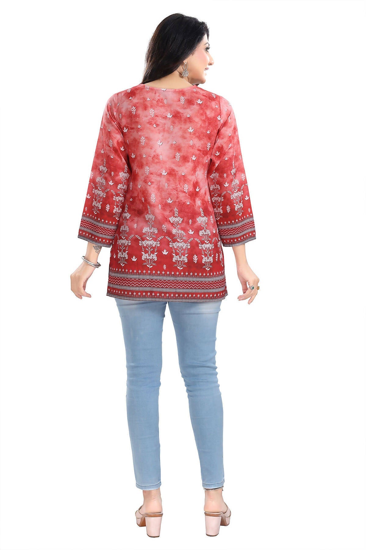 Snehal Creations Rustic Rust Faux Crepe Printed Short Kurti Tunic Top