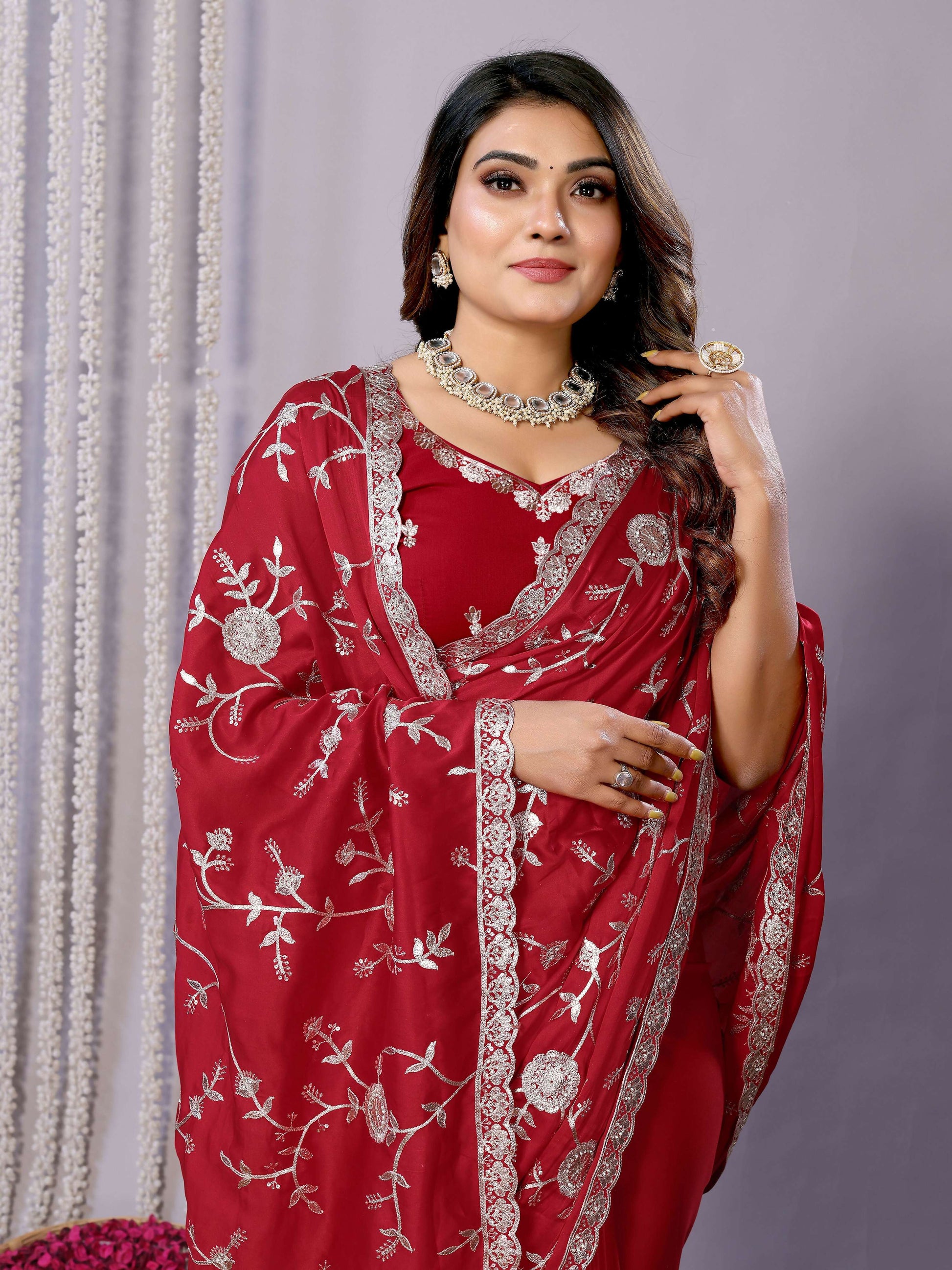 Red Pure Satin Embroidered Saree With Stitched Blouse - Nimaya Kaksha