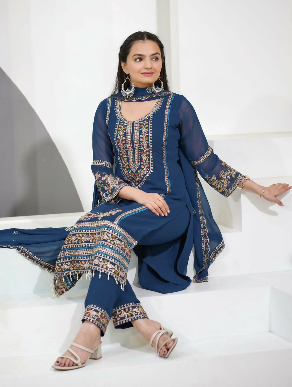 Joban Fashion Blue Georgette Embroidered Kurti Set