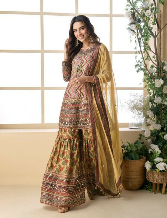 Anaita Yellow Heavy Crepe Silk Ready Made Suit with Multi Digital Printed & Aari Work