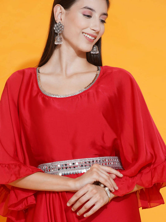 Women Republic Red Georgette Gown With Embellished Belt - Grab2buy