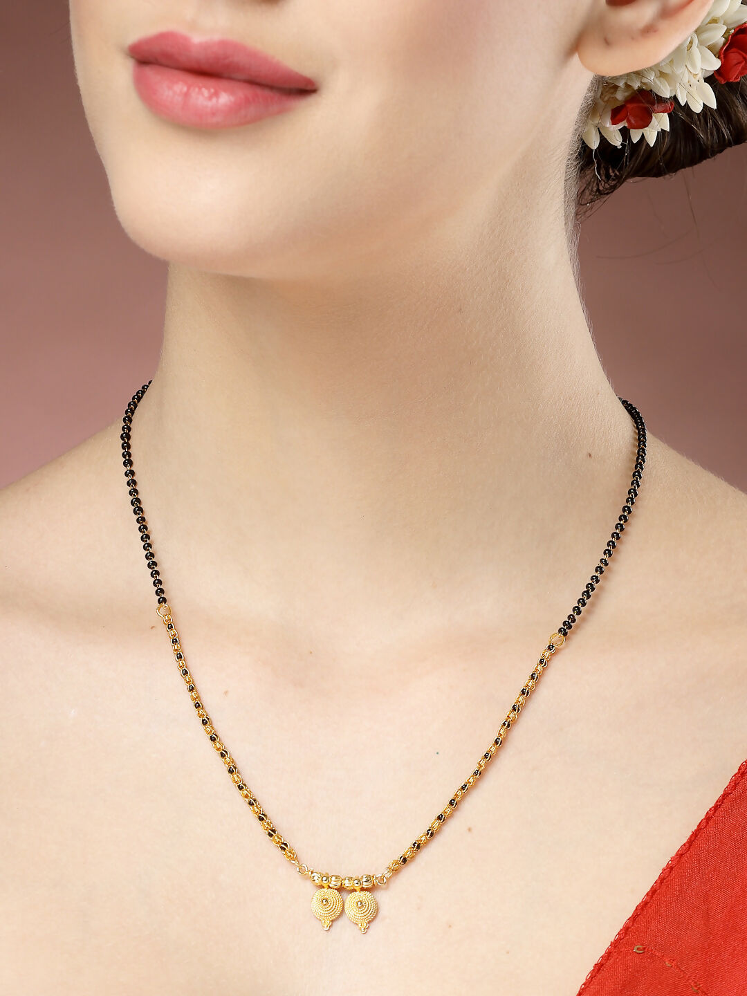 NVR Women's Set of 5 Gold-Polished Black Beaded Mangalsutra 