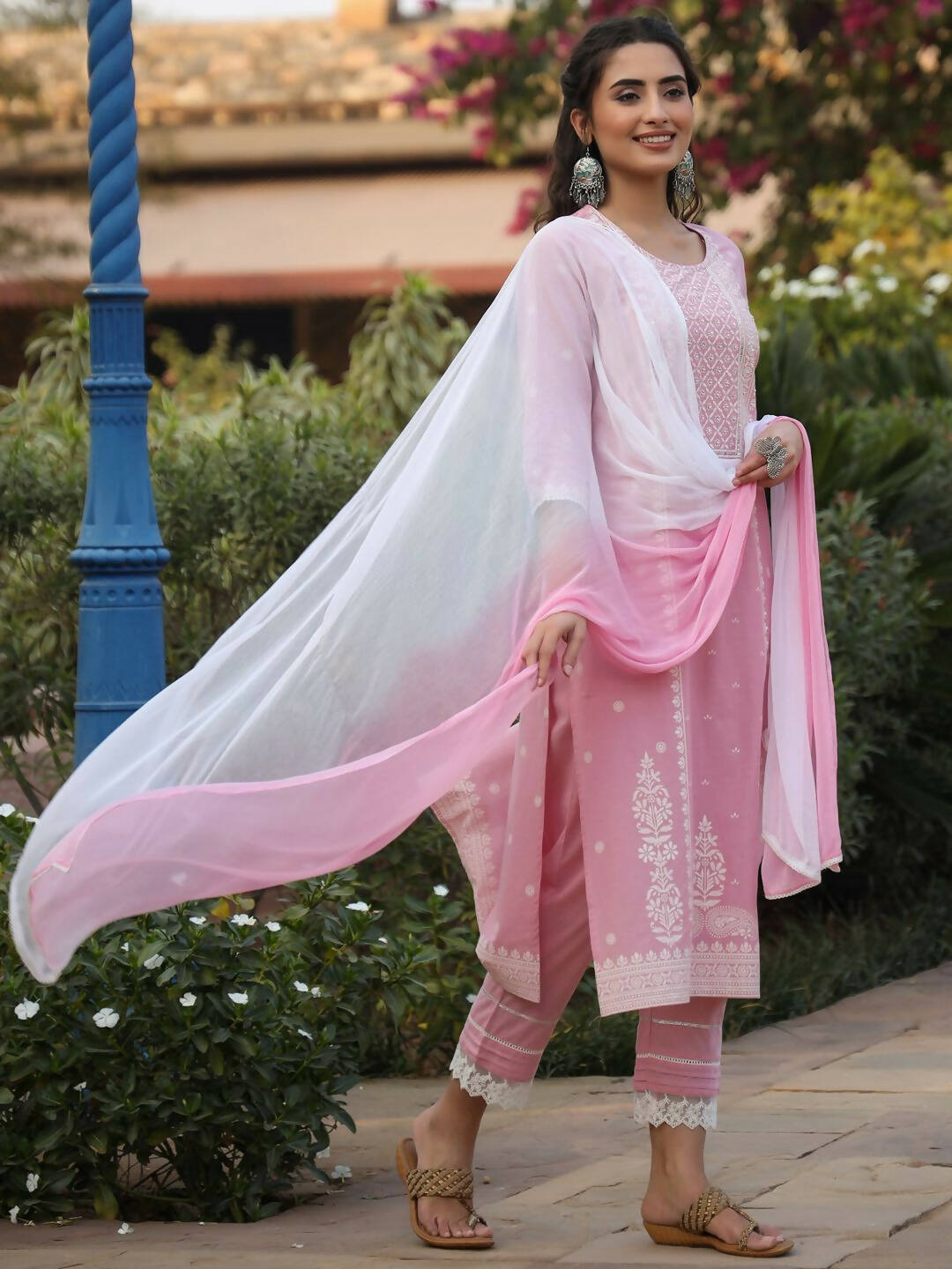 Juniper Women's Pink Cambric Floral Print Kurta Straight Pant And Duptta Sets