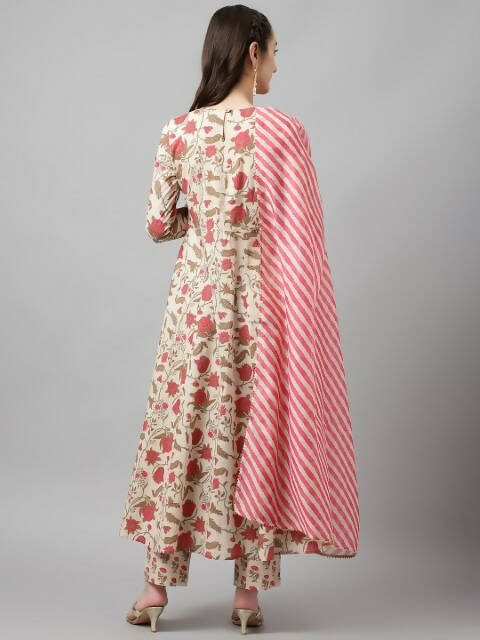 FIORRA Women's Beige Pure Cotton Flared Kurta Pant With Dupatta 