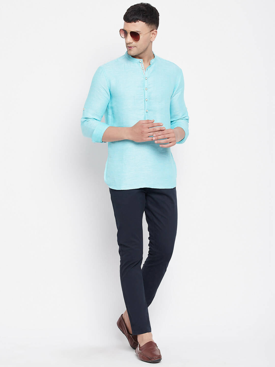 Even Apparels Pure Cotton Men's Kurta in Blue Color With Band Collar 