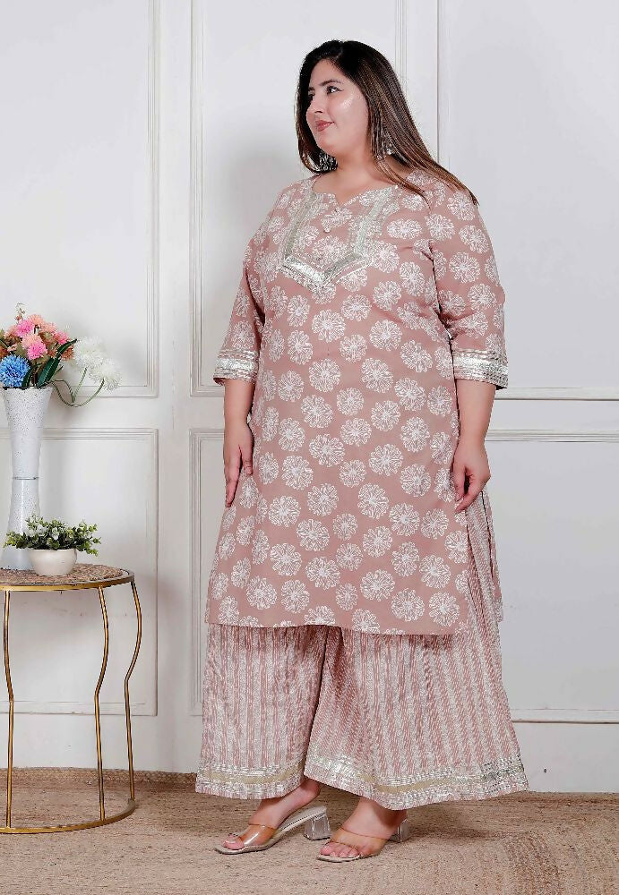 Miravan Plus Size Women Brown Floral Printed Straight Ethnic Kurta With Palazzo