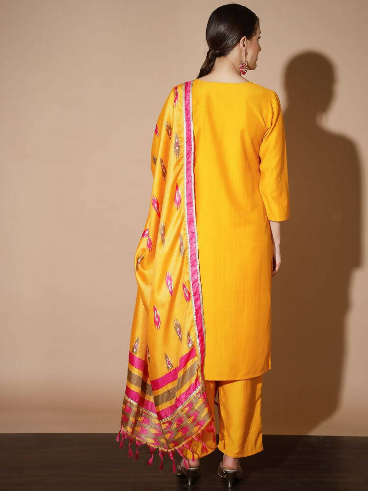 Myshka Women Mustard Solid Kurta & Palazzos With Dupatta