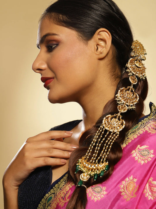 Gold-Plated Green Kundan Stone-Studded Head Chain - Ruby Raang - Grab2buy