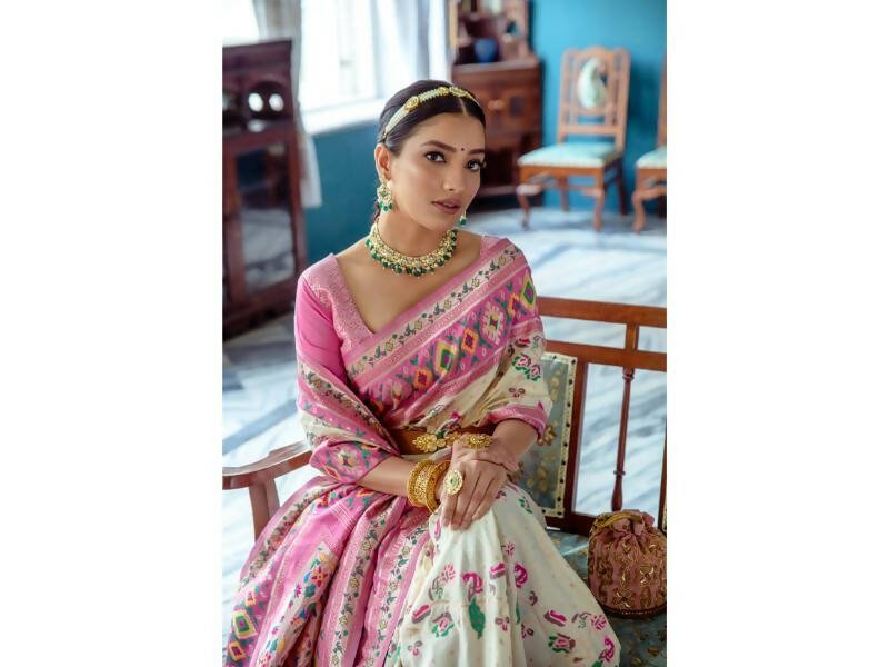 Aastha Fashion Women's Off White Paithani Silk Meenakari Zari Woven Saree with Blouse - Grab2buy