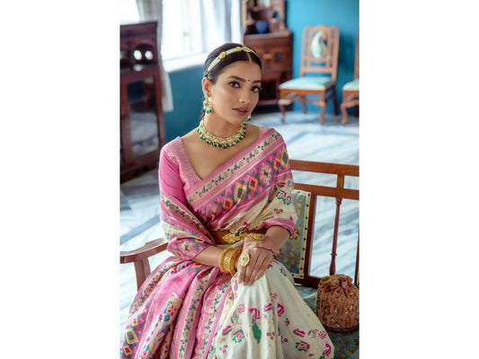Aastha Fashion Women's Off White Paithani Silk Meenakari Zari Woven Saree with Blouse - Grab2buy
