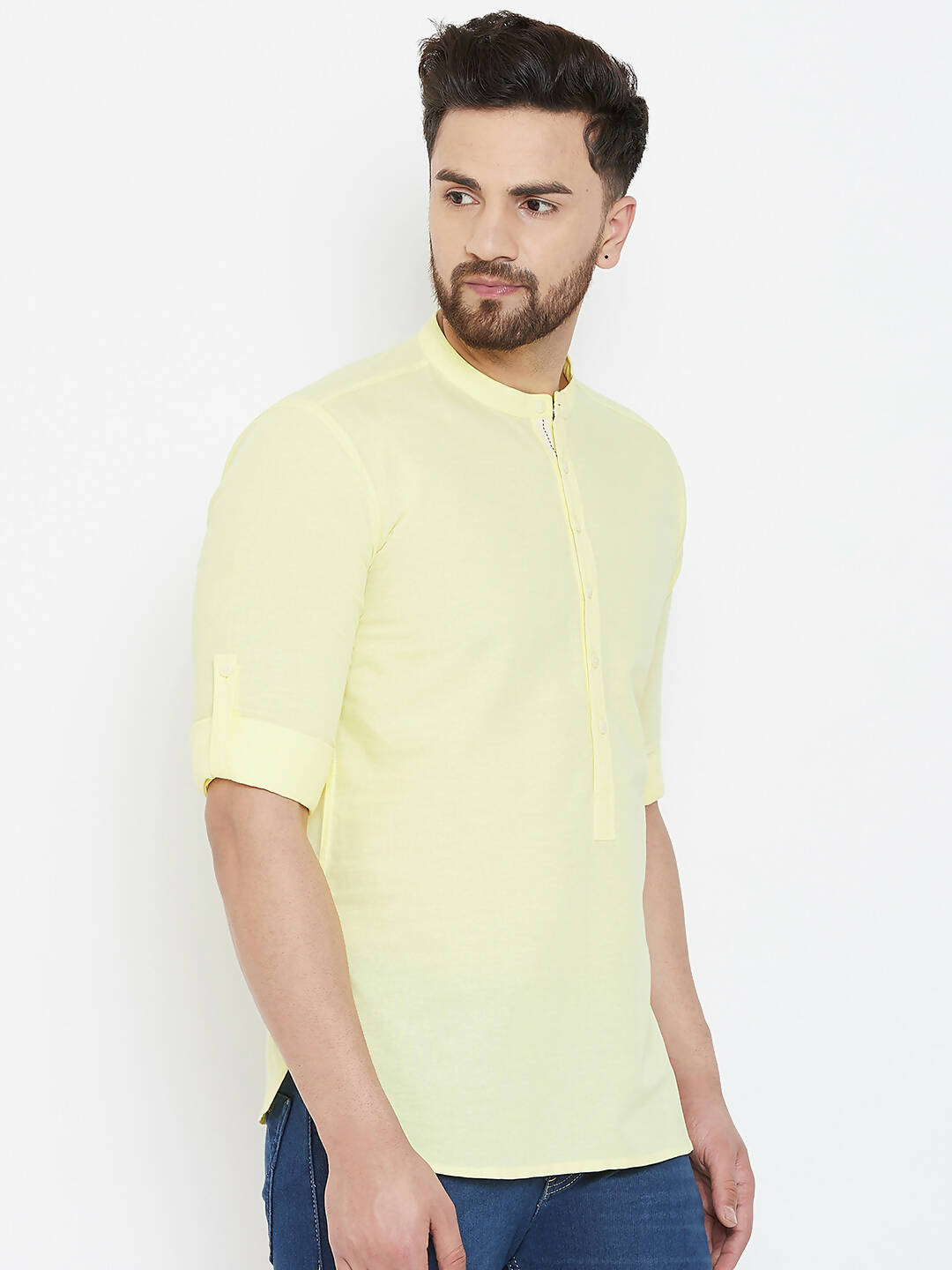 Even Apparels Yellow Color Band Collar Pure Cotton Men's Kurta 