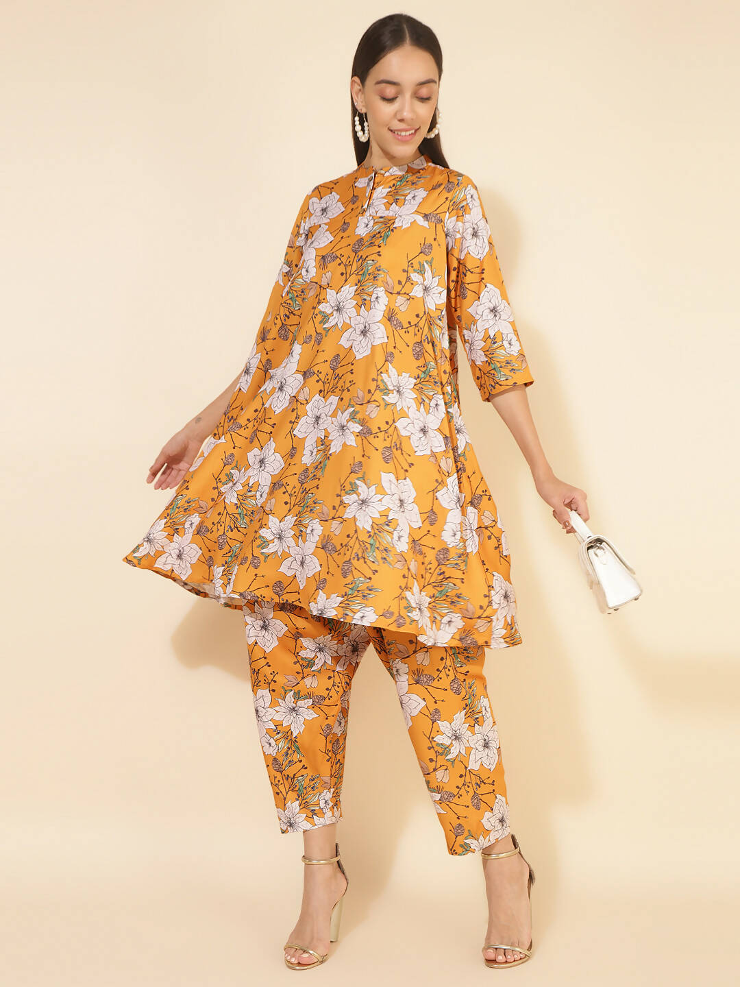 Janasya Women's Mustard Moss Digital Floral Printed Casual A-line Co-ords 