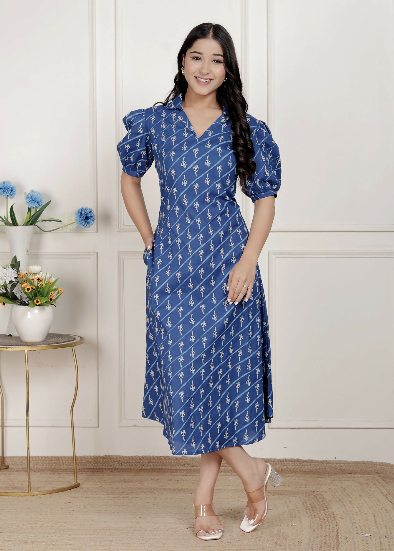 Miravan Womens Floral Print Blue Collar-Neck Puff Sleeves A-Line Maxi Dress