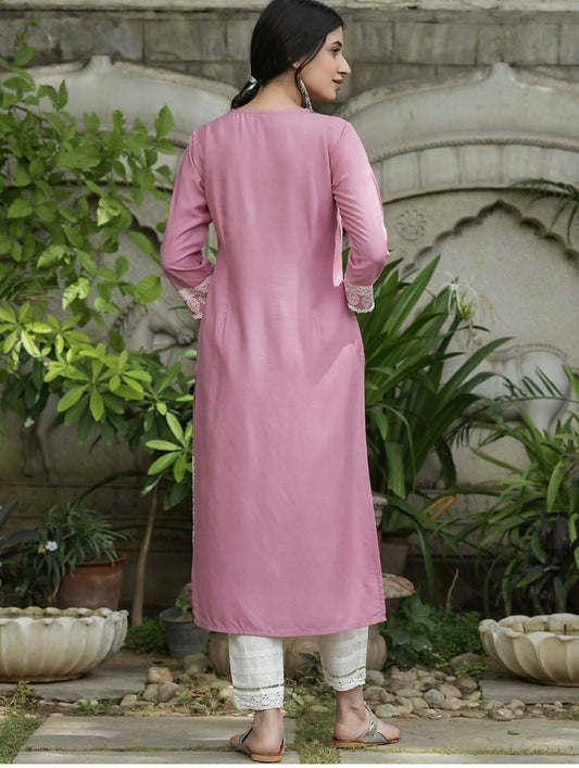 Cheera Embellished Daily Wear Cotton Blend Kurta - Baby Pink - Grab2buy