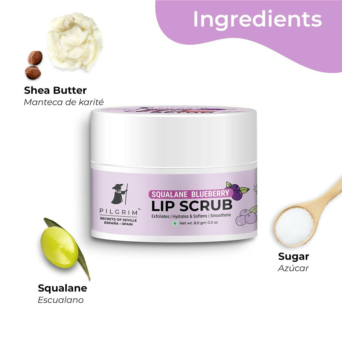 Pilgrim Spanish Lip Scrub (Blueberry) For Dark Lips, Gentle Exfoliation, Hydrated, Smooth & Soft Lips - Grab2buy