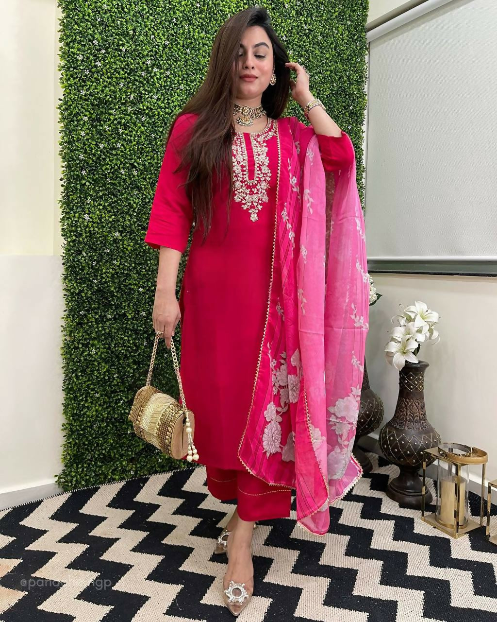 The52 Rani Women's Beautiful Viscose Chanderi Fabric Embroidered Work Straight Kurta Pant and Dupatta Set | Grab2Buy